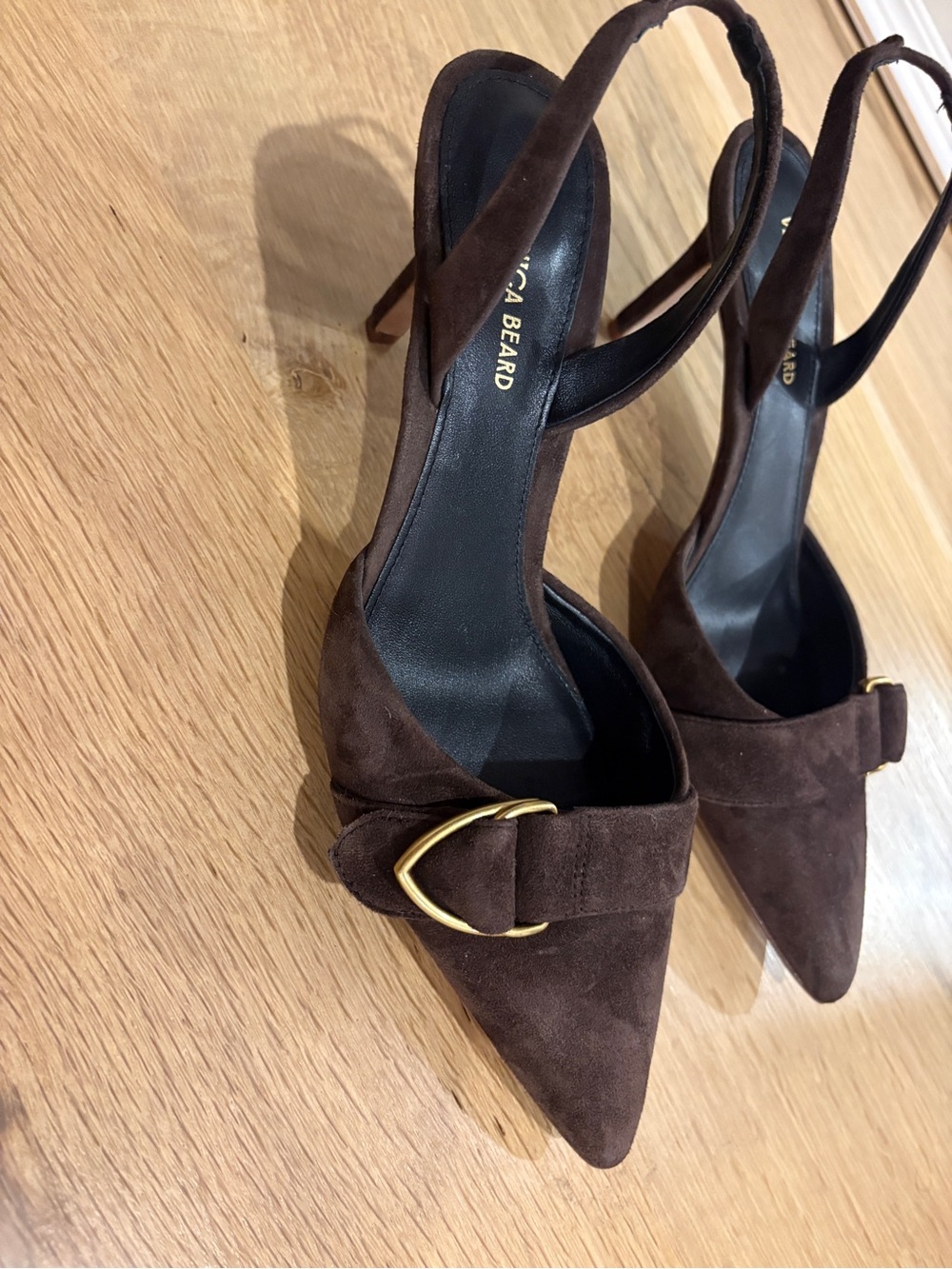Veronica Beard Brown Suede Pointed Slingback Heels with Gold Buckle